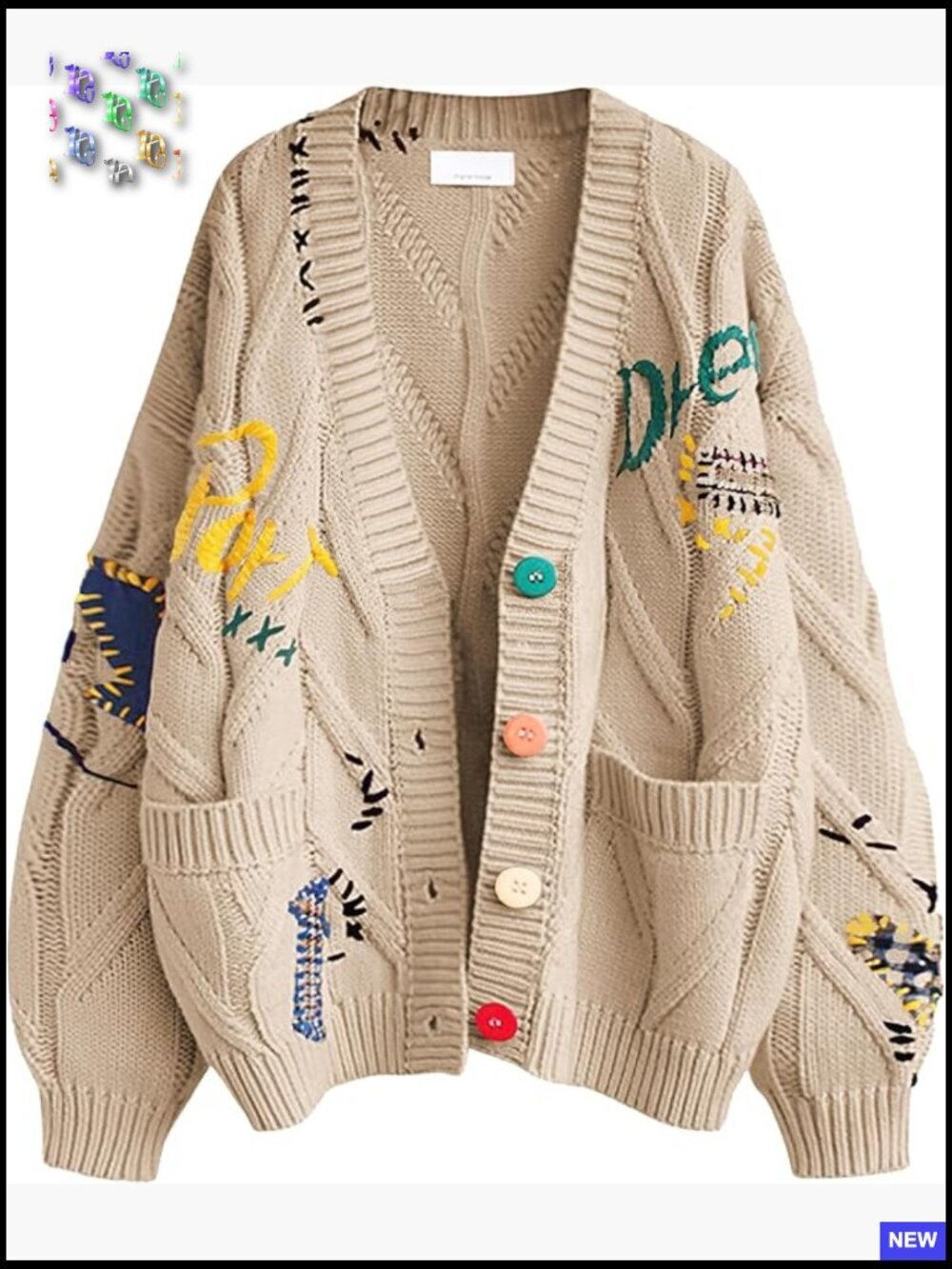Cable Knit Long Sleeve Open Front Cardigan V-Neck Button Down Embroidery Wool